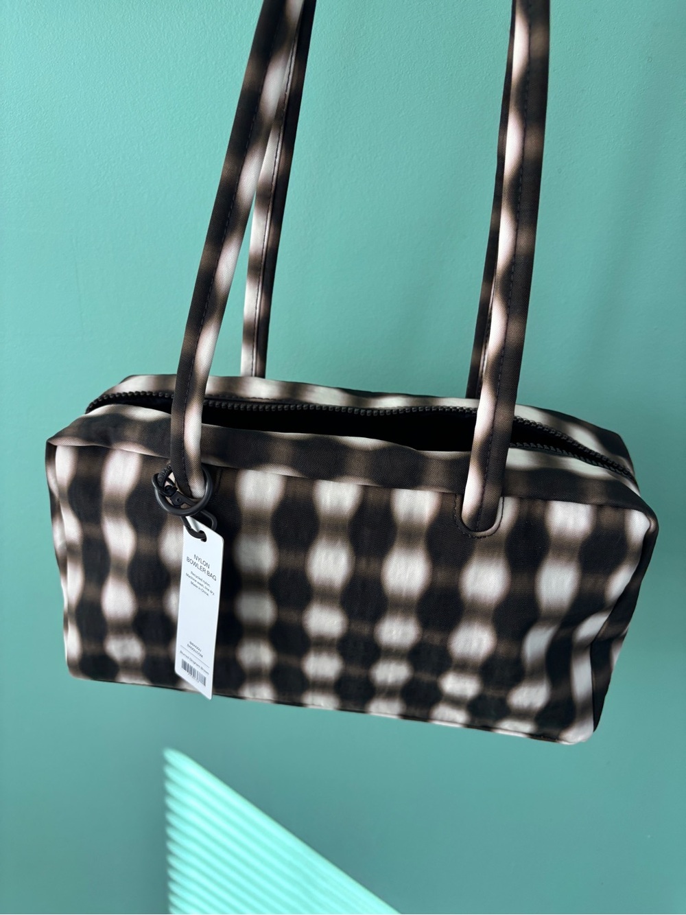BAGGU Nylon Bowler Bag Blurred Gingham Brown Standard Size NWT